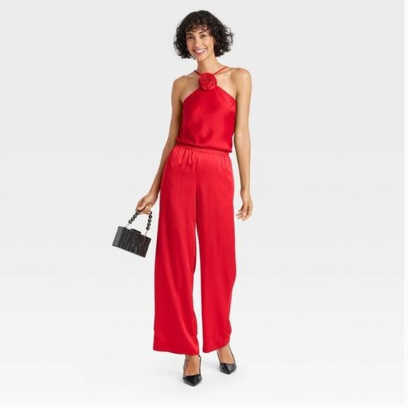 A New Day - Women's Mid-Rise Straight Leg Satin Pull-On Pants Red L - Picture 8 of 8